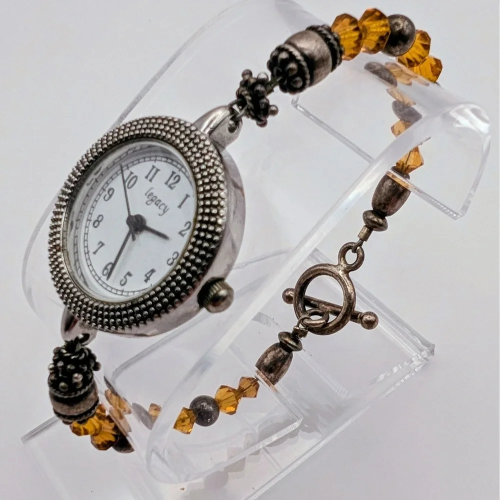Legacy Silver Tone Beads Bracket Quartz Watch, New Battery